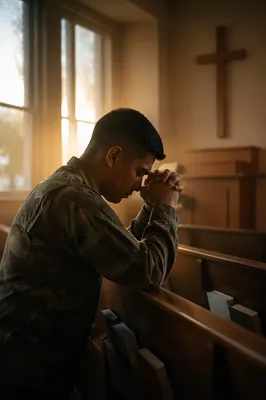 Soldier Kneeling in Prayer at Chapel