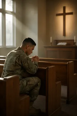 Soldier Kneeling in Quiet Chapel at Dawn