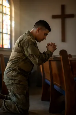 Soldier Praying Beside Pew in Chapel