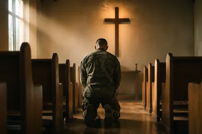 Soldier Kneeling in Military Chapel Prayer