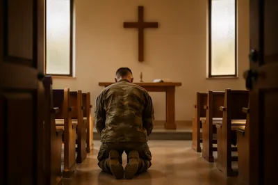 Soldier Kneeling in Prayer Before Cross
