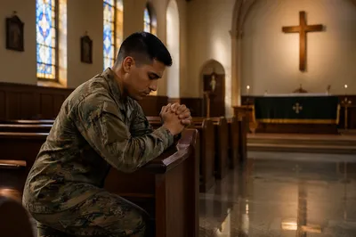 Soldier Praying in Military Chapel at Dawn