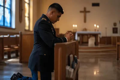 Soldier Kneeling in Quiet Chapel Prayer