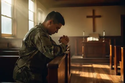 Soldier Kneeling in Chapel at Sunrise