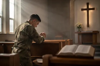 Soldier Kneeling in Quiet Chapel at Dawn