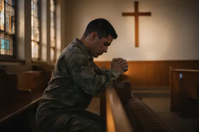 Soldier Kneeling in Military Chapel at Dawn