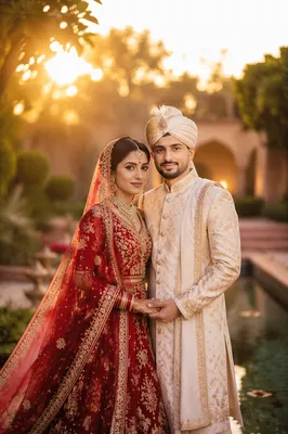 South Asian Newlywed Couple in Garden