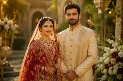 South Asian Newlywed Couple in Garden Courtyard