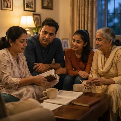 South Asian Family Reading Together at Home