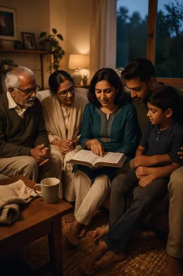 South Asian Family Reading Together at Home
