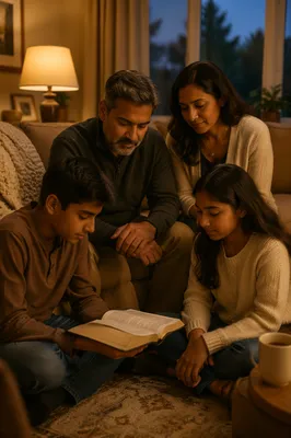 South Asian Family Reading Together at Home