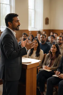 Pastor Speaking to Engaged Congregation Indoors