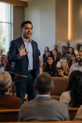 Pastor Speaking to Engaged Congregation Indoors