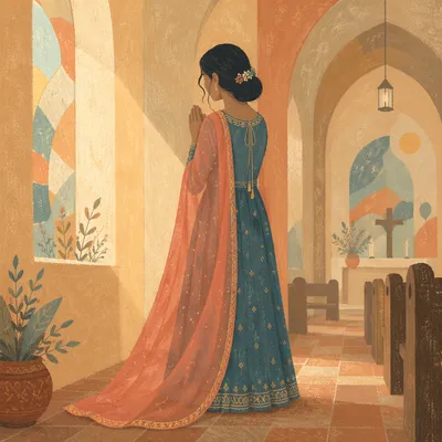 South Asian Woman Praying in Church Aisle