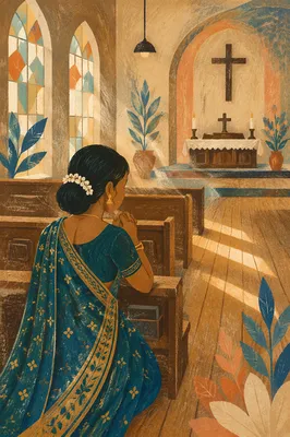 South Asian Woman Praying in Teal Sari