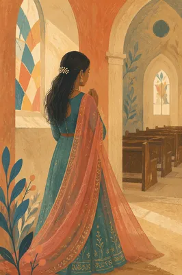 South Asian Woman Praying in Church Aisle