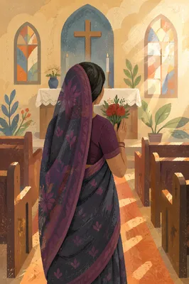 South Asian Woman Praying in Church Aisle