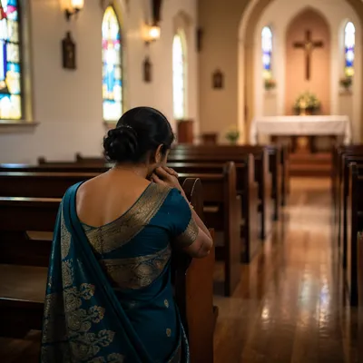 South Asian Woman Praying in Church Sari