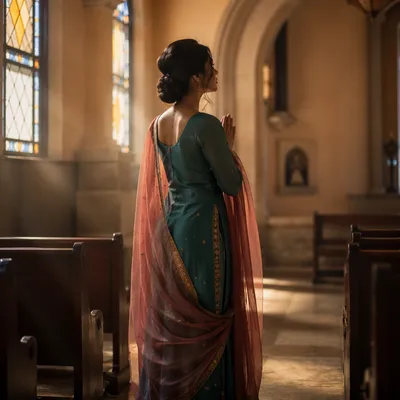 South Asian Woman Praying in Church Aisle
