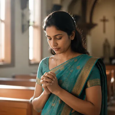 South Asian Woman Praying in Teal Sari