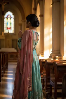 South Asian Woman Praying in Church Aisle