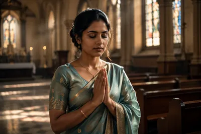 South Asian Woman Praying in Church