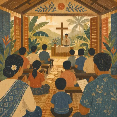 Open Air Church Service in Tropical Village