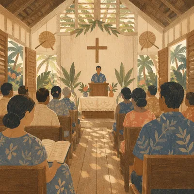Tropical Southeast Asian Church Service Scene