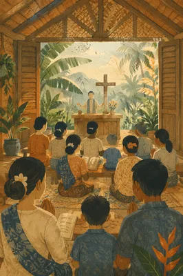Open Air Church Service in Tropical Village
