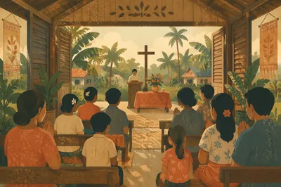 Open Air Church Service in Tropical Village