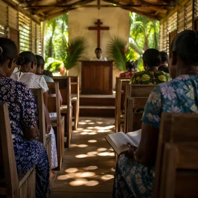 Open-Air Tropical Church Service at Sunrise