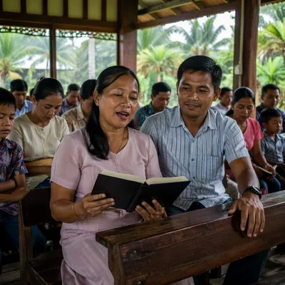 Tropical Village Church Service Inside Chapel