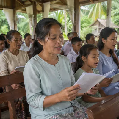 Open-Air Church Service in Tropical Village
