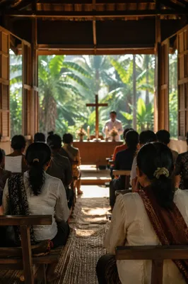 Open-Air Church Service in Tropical Village
