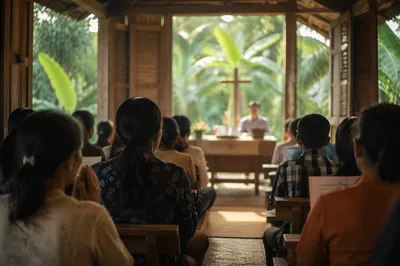 Open Air Church Service in Tropical Village