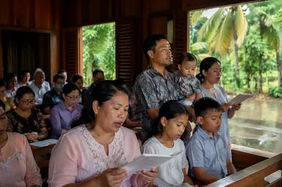 Tropical Church Service in Wooden Chapel