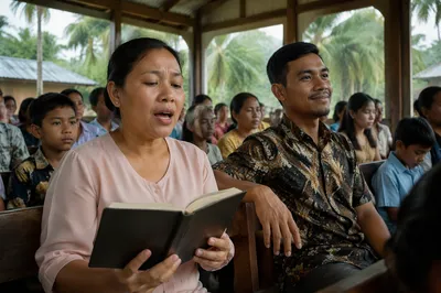 Southeast Asian Church Service in Wooden Chapel