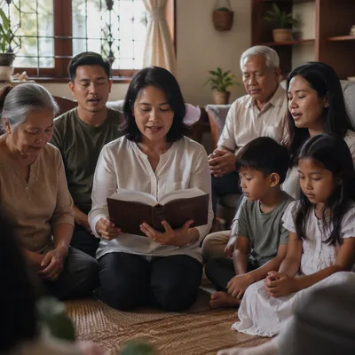 Southeast Asian Family Worshipping in Living Room