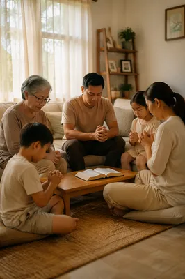 Southeast Asian Family Praying at Home