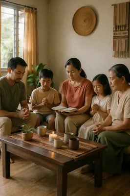 Southeast Asian Family Gathering in Sunlit Living Room