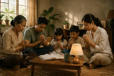 Southeast Asian Family Praying at Home