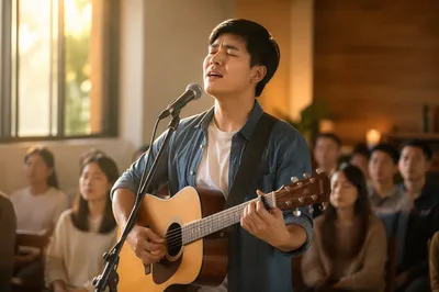 Taiwanese Young Adult Singing with Guitar