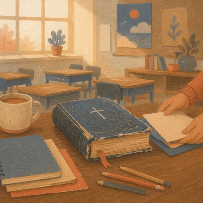Quiet Morning Bible on Teacher Desk