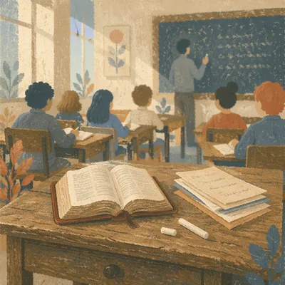 Open Bible on Teacher Desk Morning