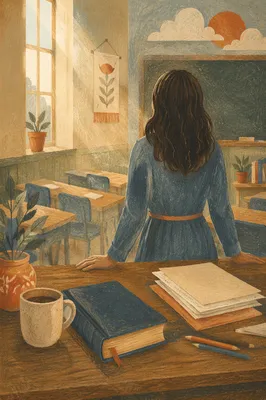 Quiet Classroom Teacher Beside Bible at Dawn