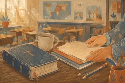 Quiet Morning Bible on Teacher Desk