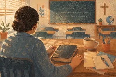 Quiet Morning Teacher Bible in Classroom