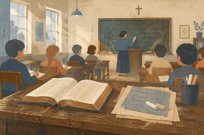 Open Bible on Teacher Desk Morning