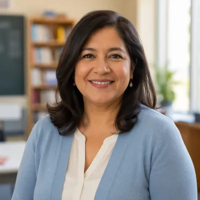 Friendly Female Teacher Portrait in Classroom