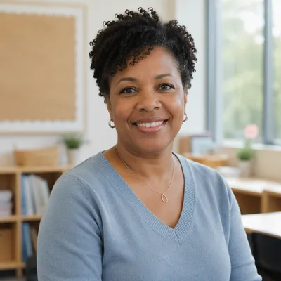 Friendly Teacher Portrait in Bright Classroom